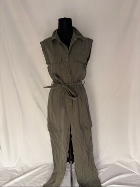 Sleeveless Olive Utility Jumpsuit with Belt